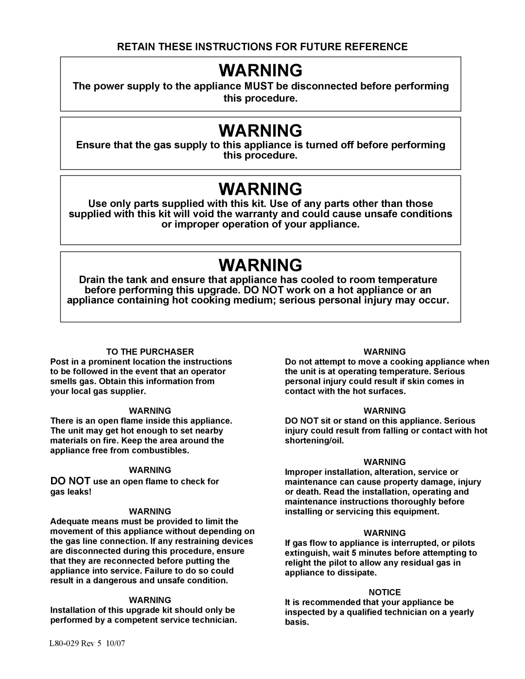 Pitco Frialator L80-029 installation instructions Retain These Instructions for Future Reference 