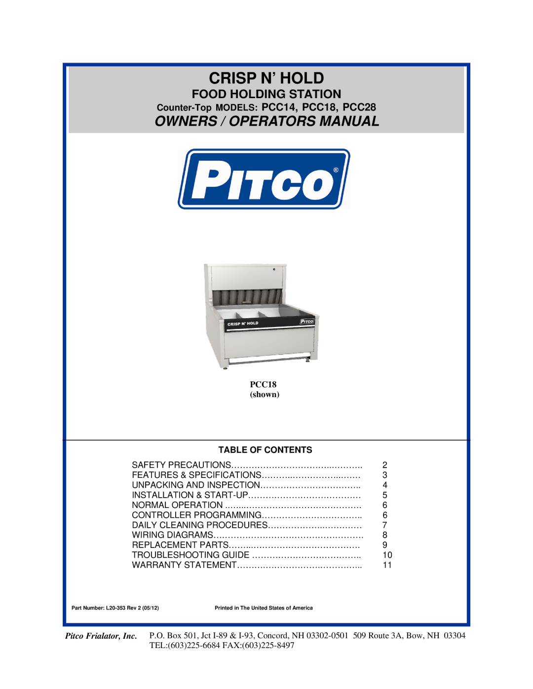 Pitco Frialator PCC14, PCC28, PCC18 specifications Crisp N’ Hold, Table of Contents 