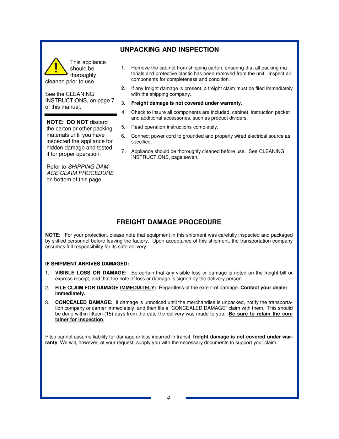 Pitco Frialator PCC14, PCC28, PCC18 specifications Unpacking and Inspection, Freight Damage Procedure 