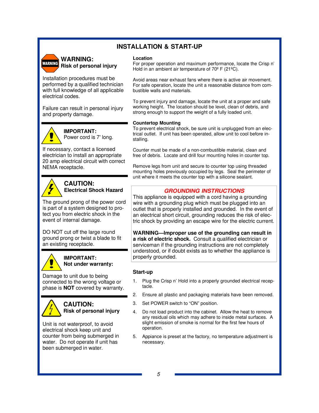 Pitco Frialator PCC18, PCC28, PCC14 specifications Installation & START-UP, Risk of personal injury 