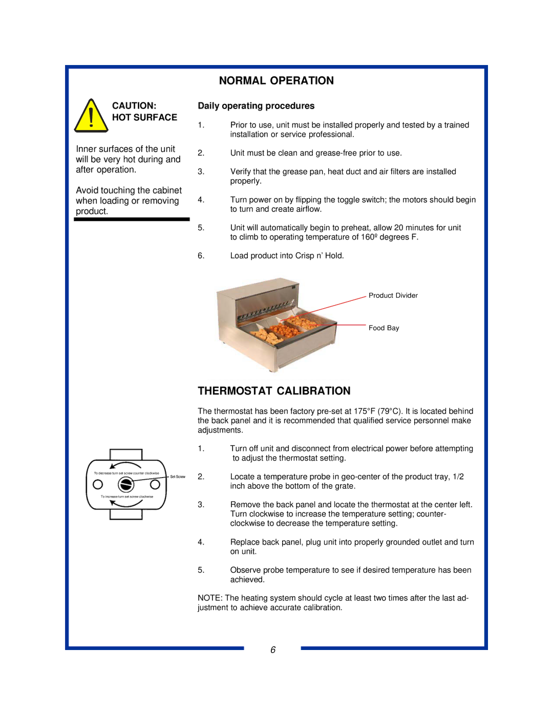 Pitco Frialator PCC28, PCC14, PCC18 specifications Normal Operation, Thermostat Calibration, HOT Surface 