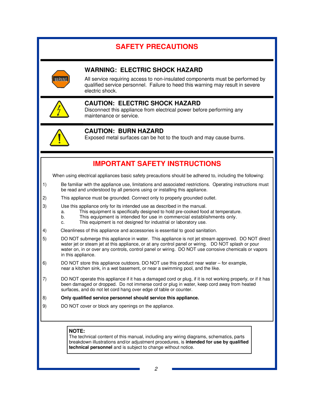 Pitco Frialator PCC18, PCC28, PCC14 Warning Electric Shock Hazard, Caution Electric Shock Hazard, Caution Burn Hazard 