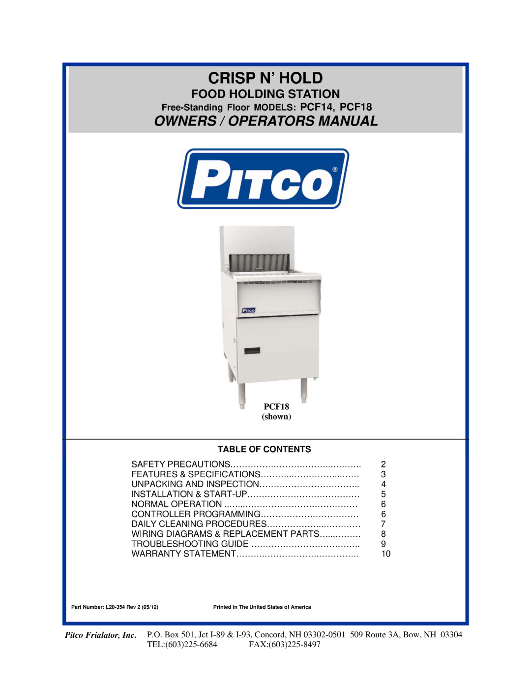 Pitco Frialator PCF18 specifications Crisp N’ Hold, Table of Contents 