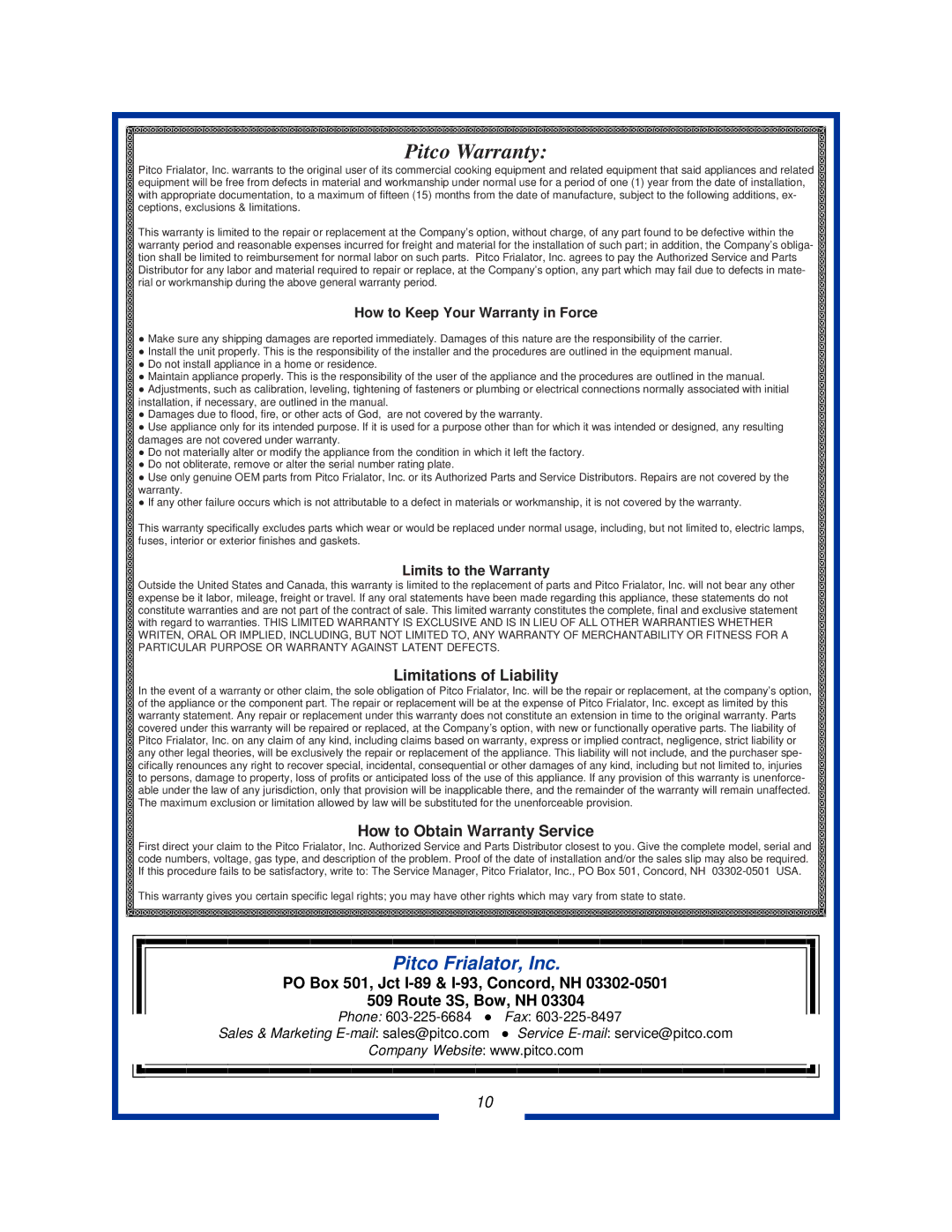 Pitco Frialator PCF18 specifications Pitco Warranty, PO Box 501, Jct I-89 & I-93, Concord, NH Route 3S, Bow, NH 