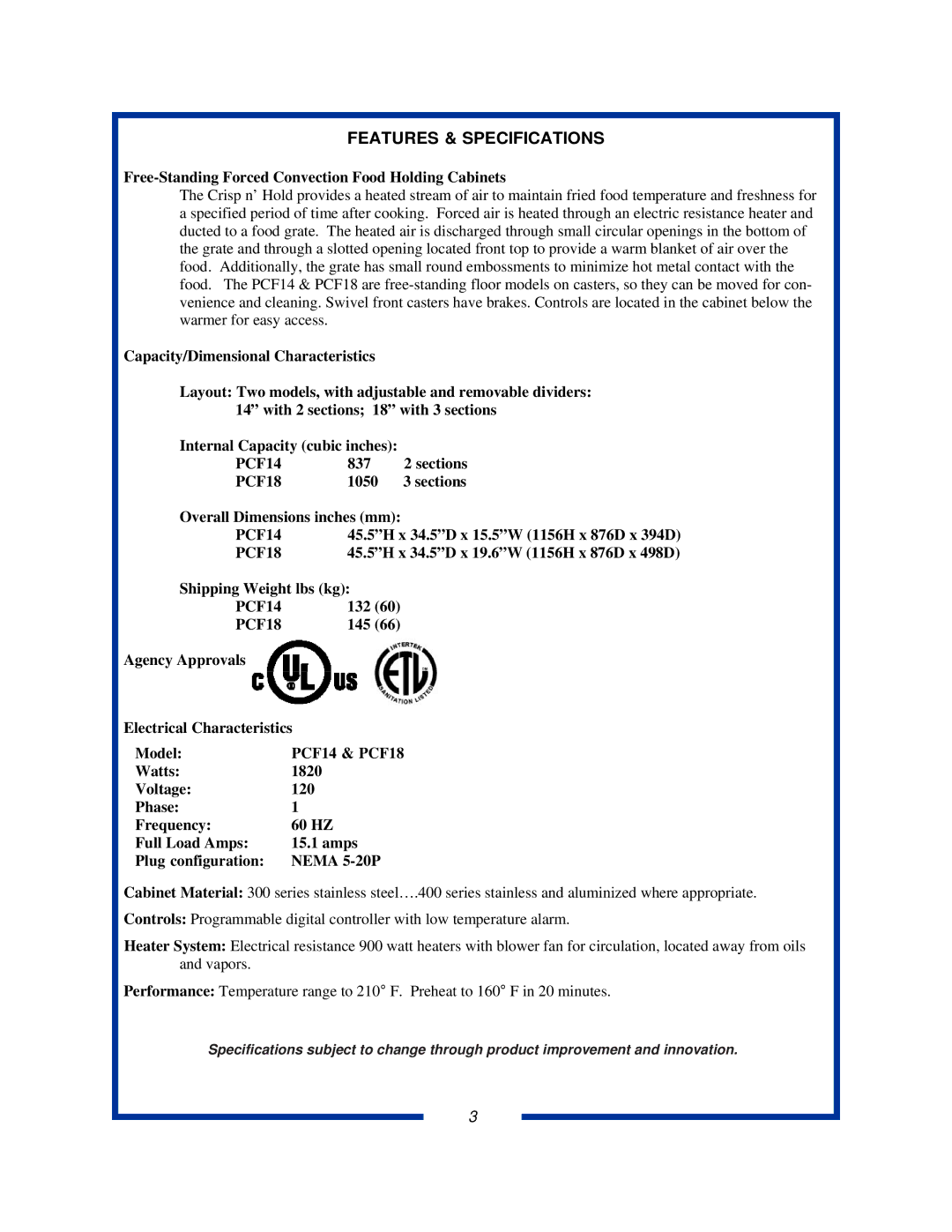 Pitco Frialator PCF18 specifications Features & Specifications 