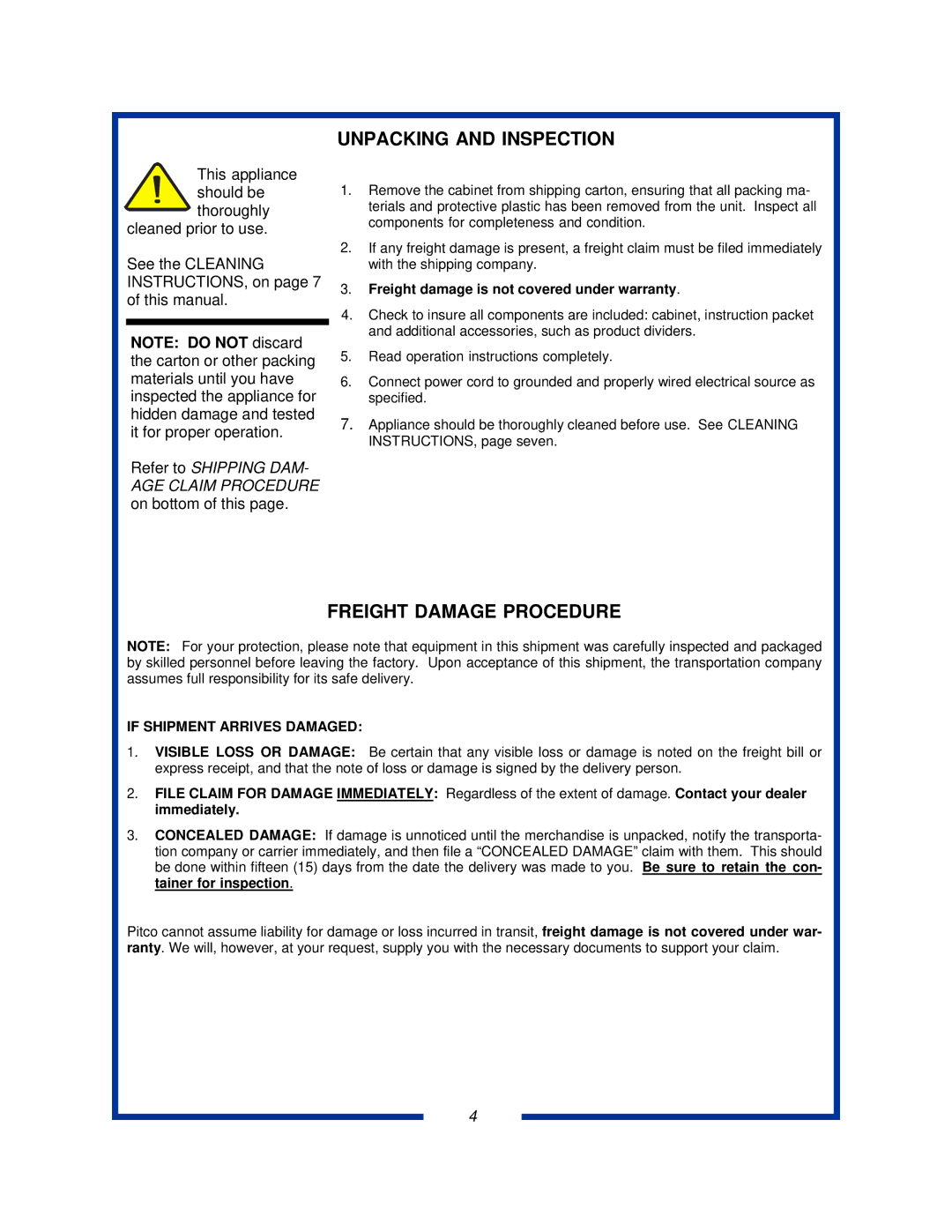 Pitco Frialator PCF18 specifications Unpacking and Inspection, Freight Damage Procedure 