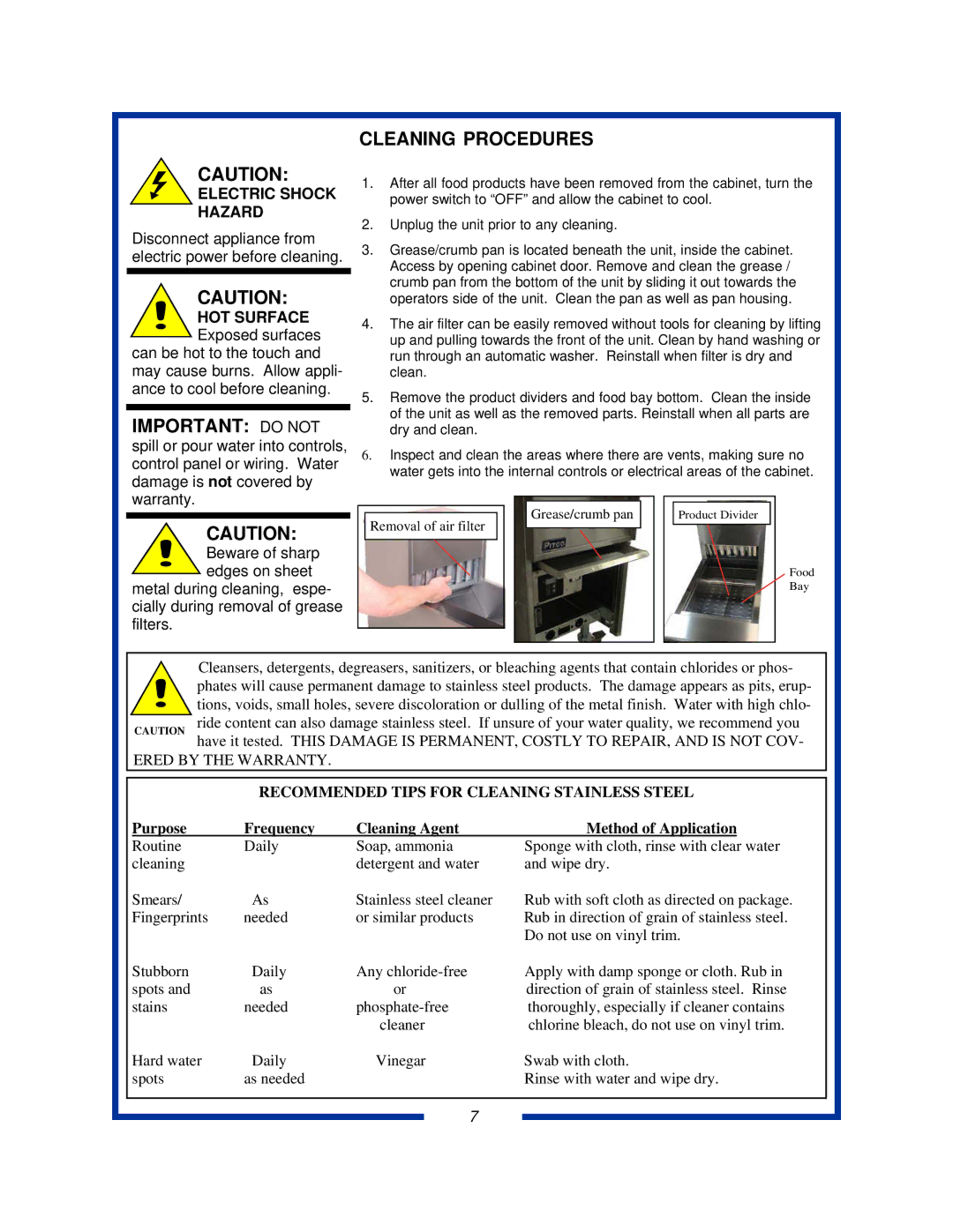 Pitco Frialator PCF18 specifications Cleaning Procedures, Electric Shock Hazard, HOT Surface Exposed surfaces 