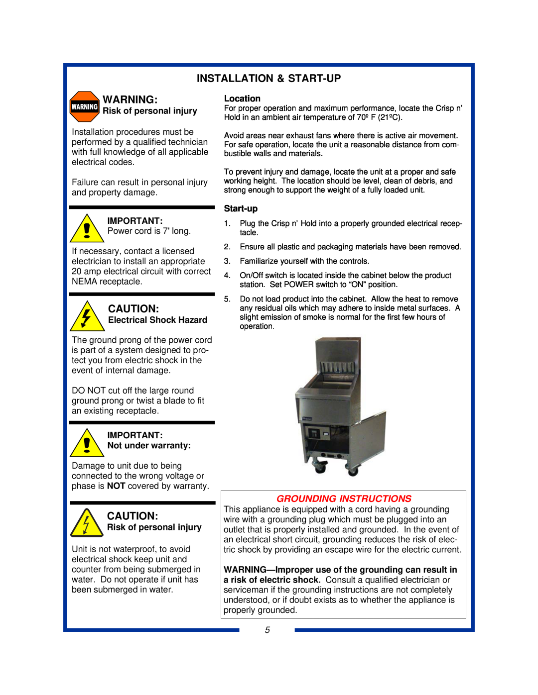 Pitco Frialator PCF18 Installation & Start-Up, Grounding Instructions, Risk of personal injury, Electrical Shock Hazard 
