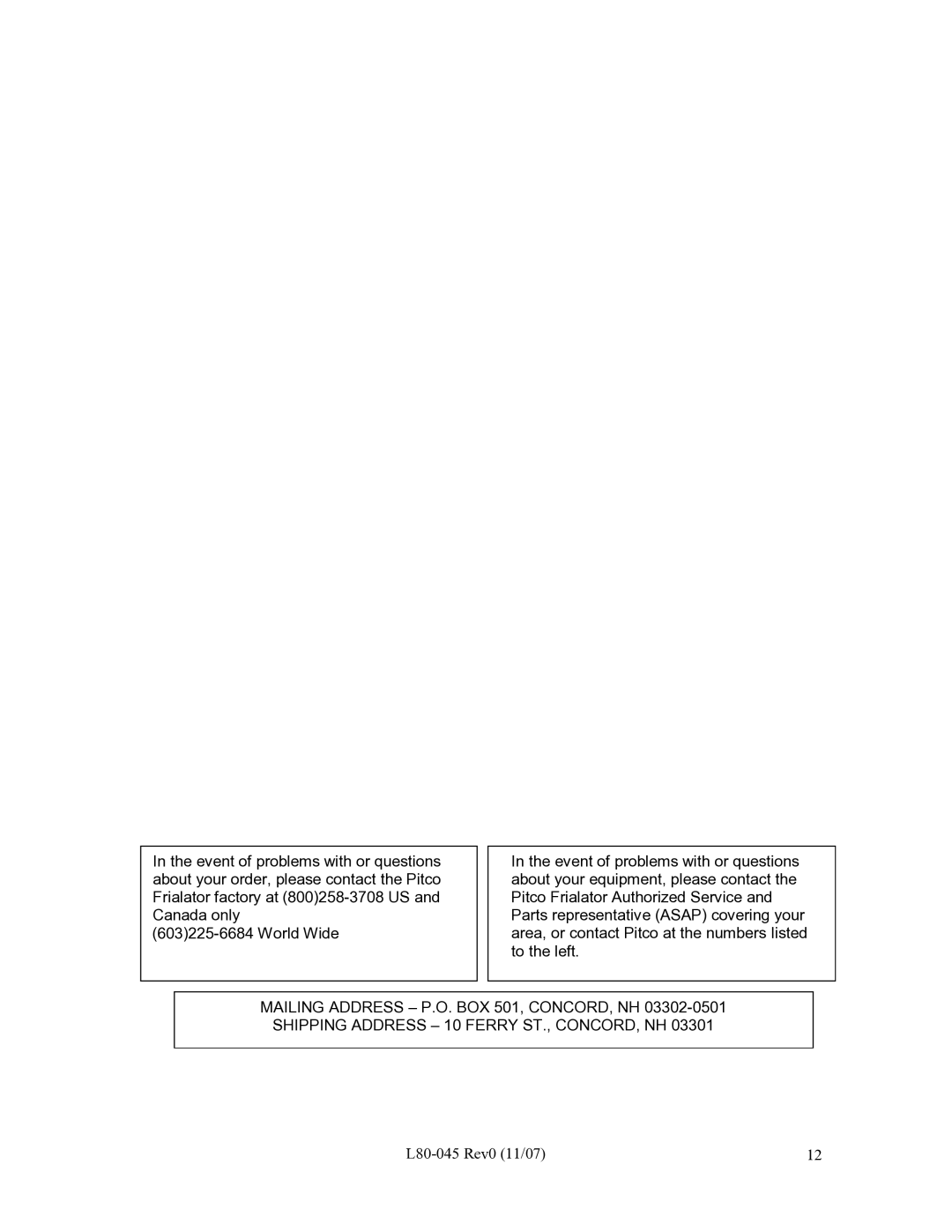 Pitco Frialator PE14D installation instructions L80-045 Rev0 11/07 