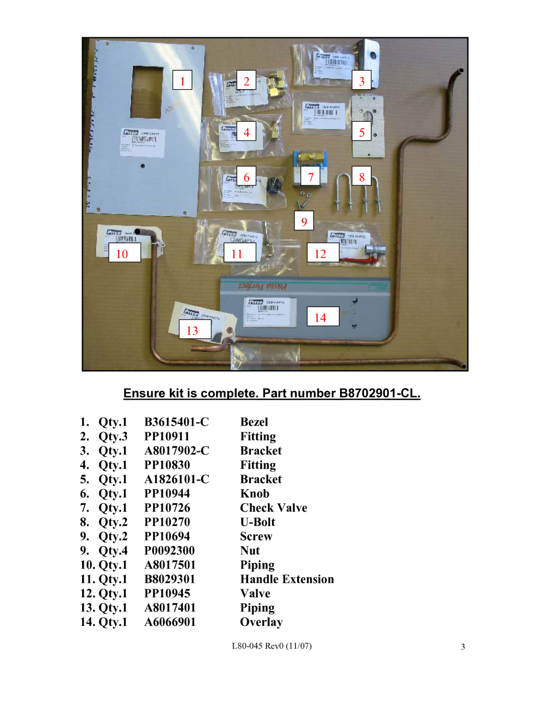 Pitco Frialator PE14D installation instructions Ensure kit is complete. Part number B8702901-CL 