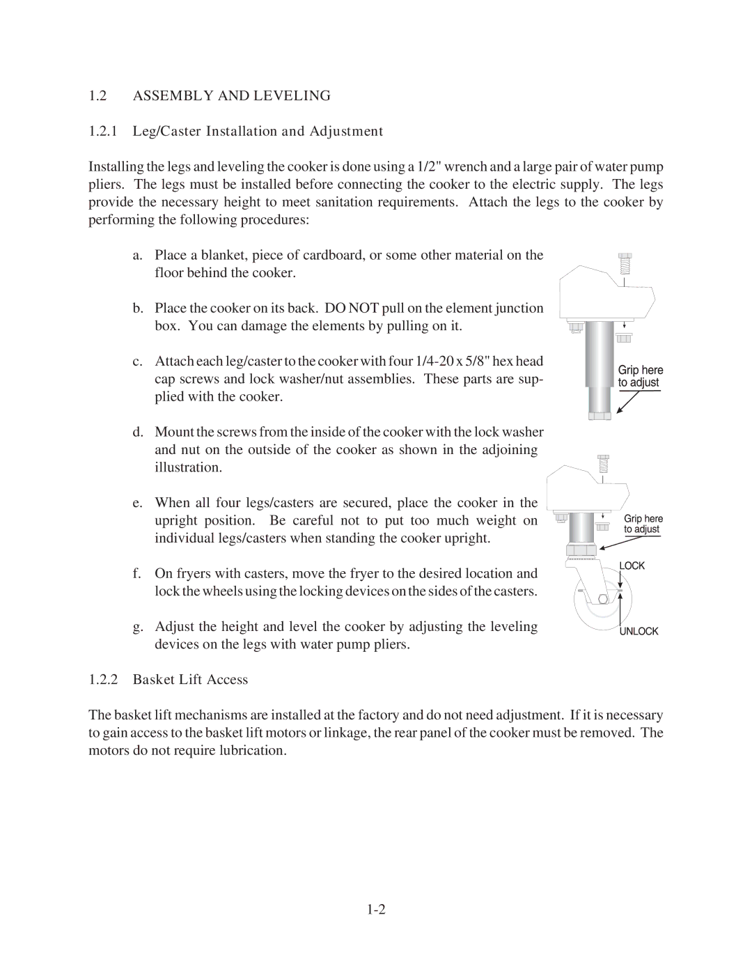 Pitco Frialator PPE14-L, and RSE14 Assembly and Leveling, 1 Leg/Caster Installation and Adjustment, Basket Lift Access 