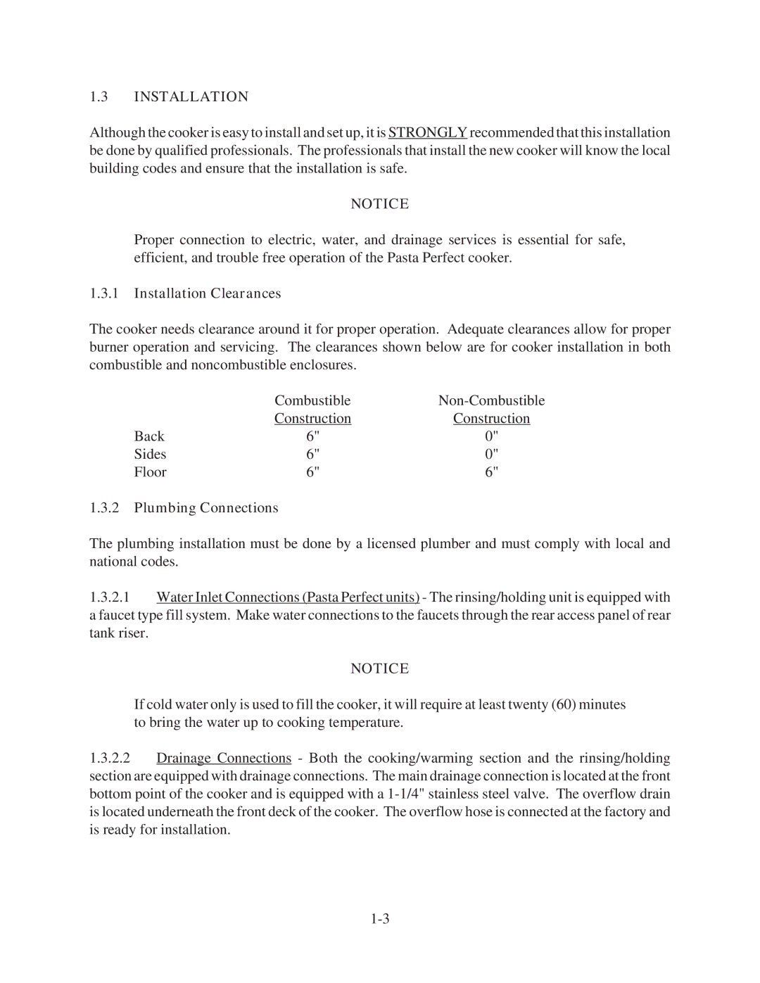 Pitco Frialator and RSE14, PPE14-L manual Installation Clearances, Plumbing Connections 