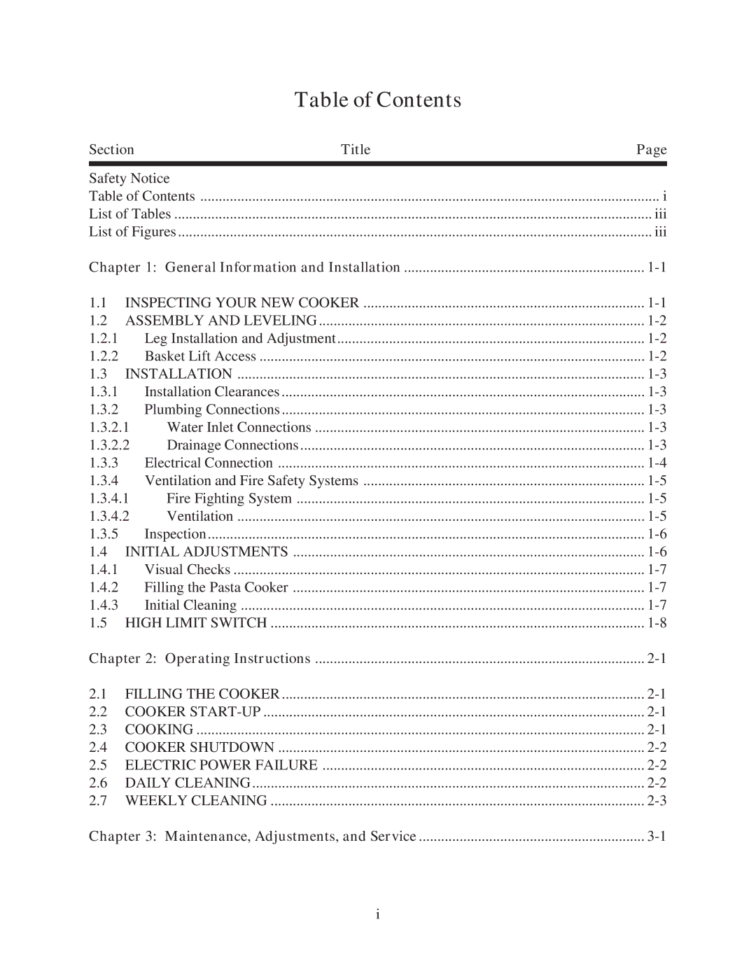 Pitco Frialator and RSE14, PPE14-L manual Table of Contents 