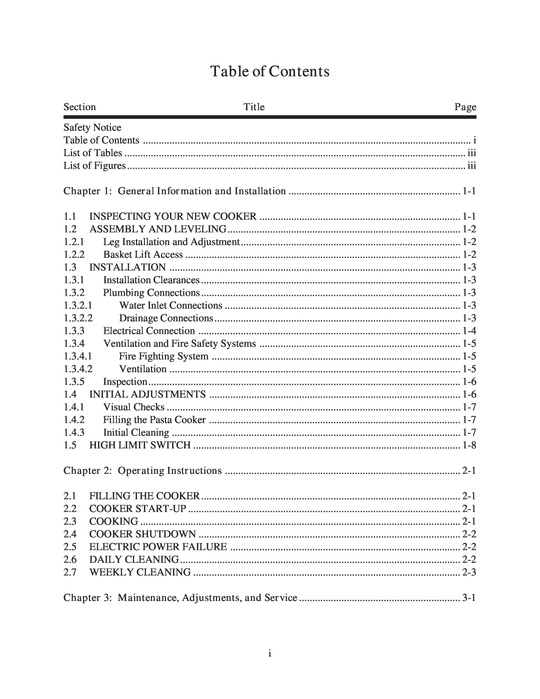 Pitco Frialator and RSE14, PPE14-L manual Table of Contents, Section, Title, Page, General Information and Installation 