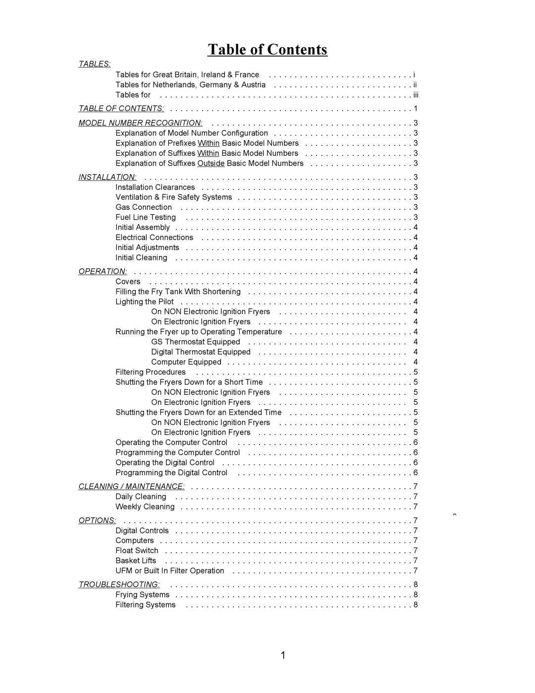 Pitco Frialator 18, PR14, PM14, RPB14, 34, 24, 7, 5C+, 14R, 12 manual Table of Contents 