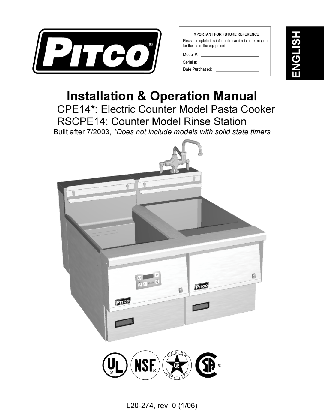 Pitco Frialator RSCPE14 operation manual English 