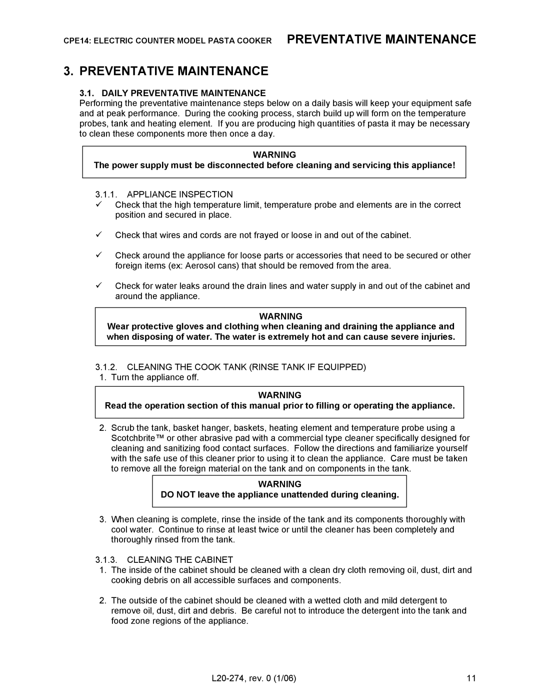 Pitco Frialator RSCPE14 operation manual Daily Preventative Maintenance, Appliance Inspection, Cleaning the Cabinet 