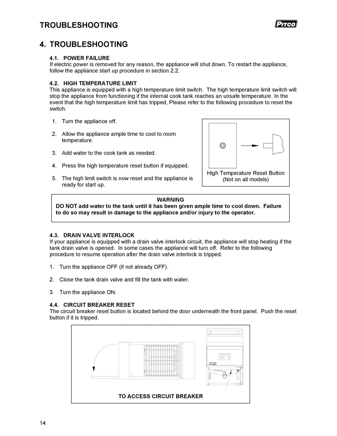 Pitco Frialator RSCPE14 Power Failure, High Temperature Limit, Drain Valve Interlock, Circuit Breaker Reset 
