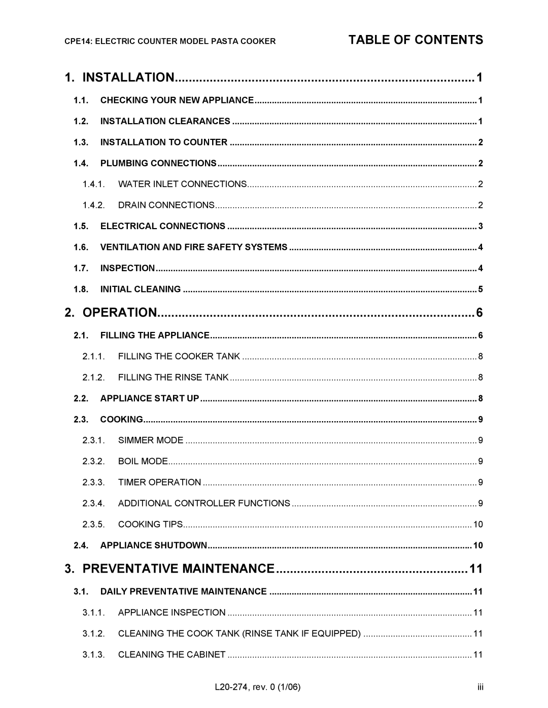 Pitco Frialator RSCPE14 operation manual Table of Contents 