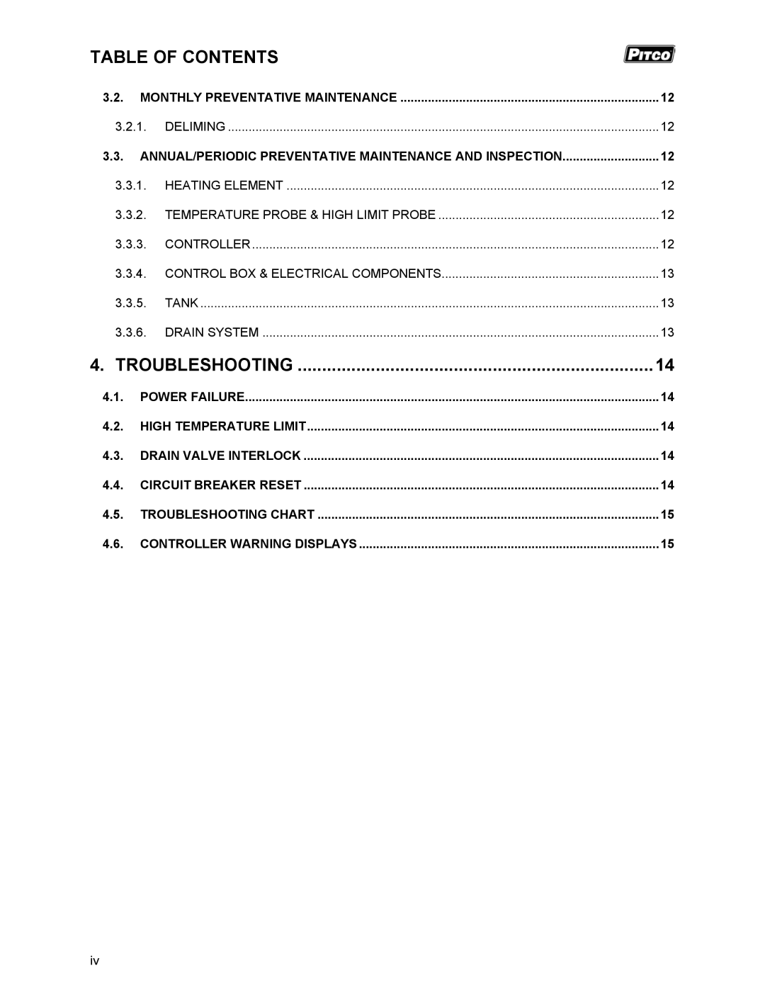 Pitco Frialator RSCPE14 operation manual Table of Contents, Troubleshooting 