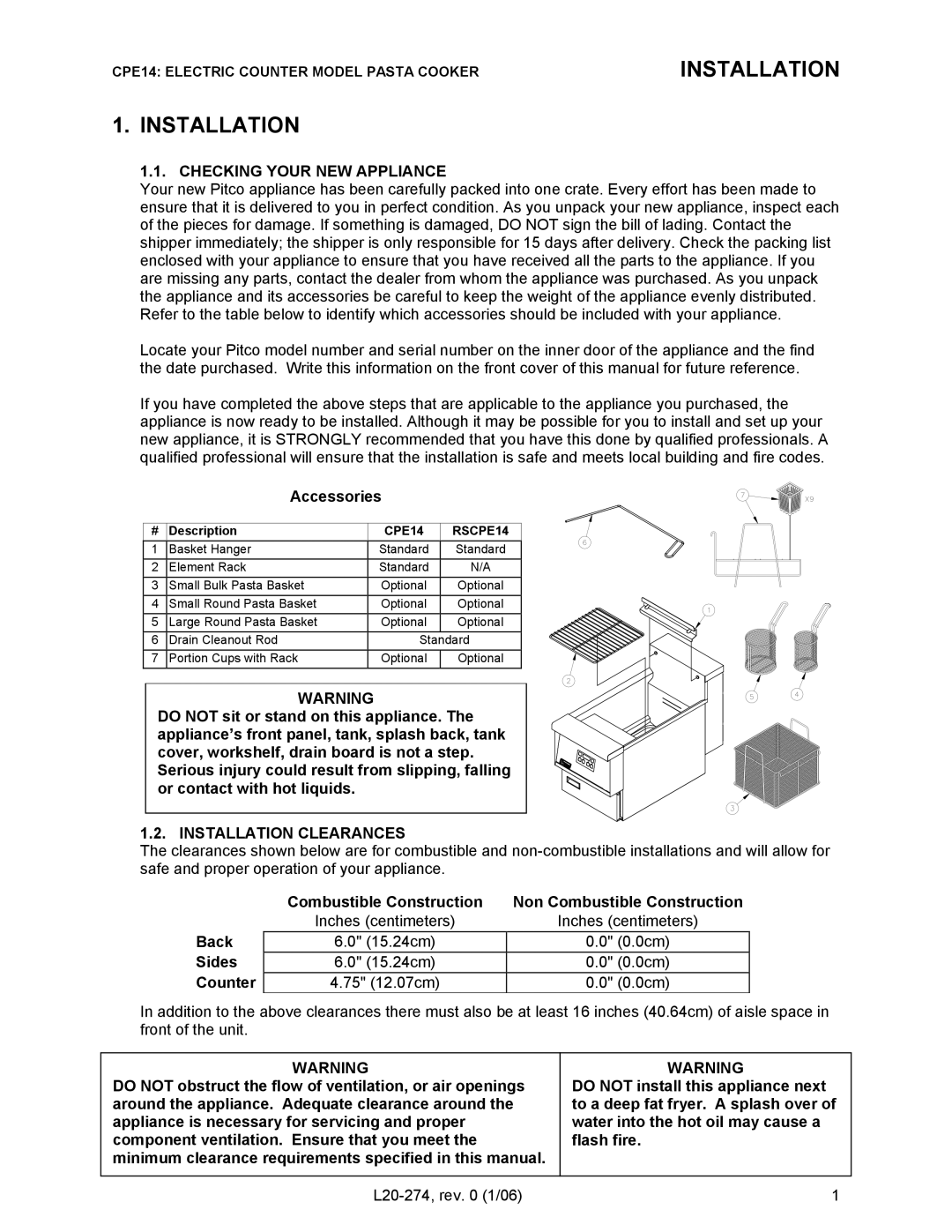 Pitco Frialator RSCPE14 operation manual Checking Your NEW Appliance, Accessories, Installation Clearances 