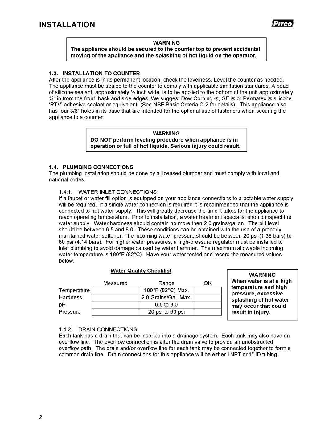 Pitco Frialator RSCPE14 Installation to Counter, Plumbing Connections, Water Inlet Connections, Water Quality Checklist 