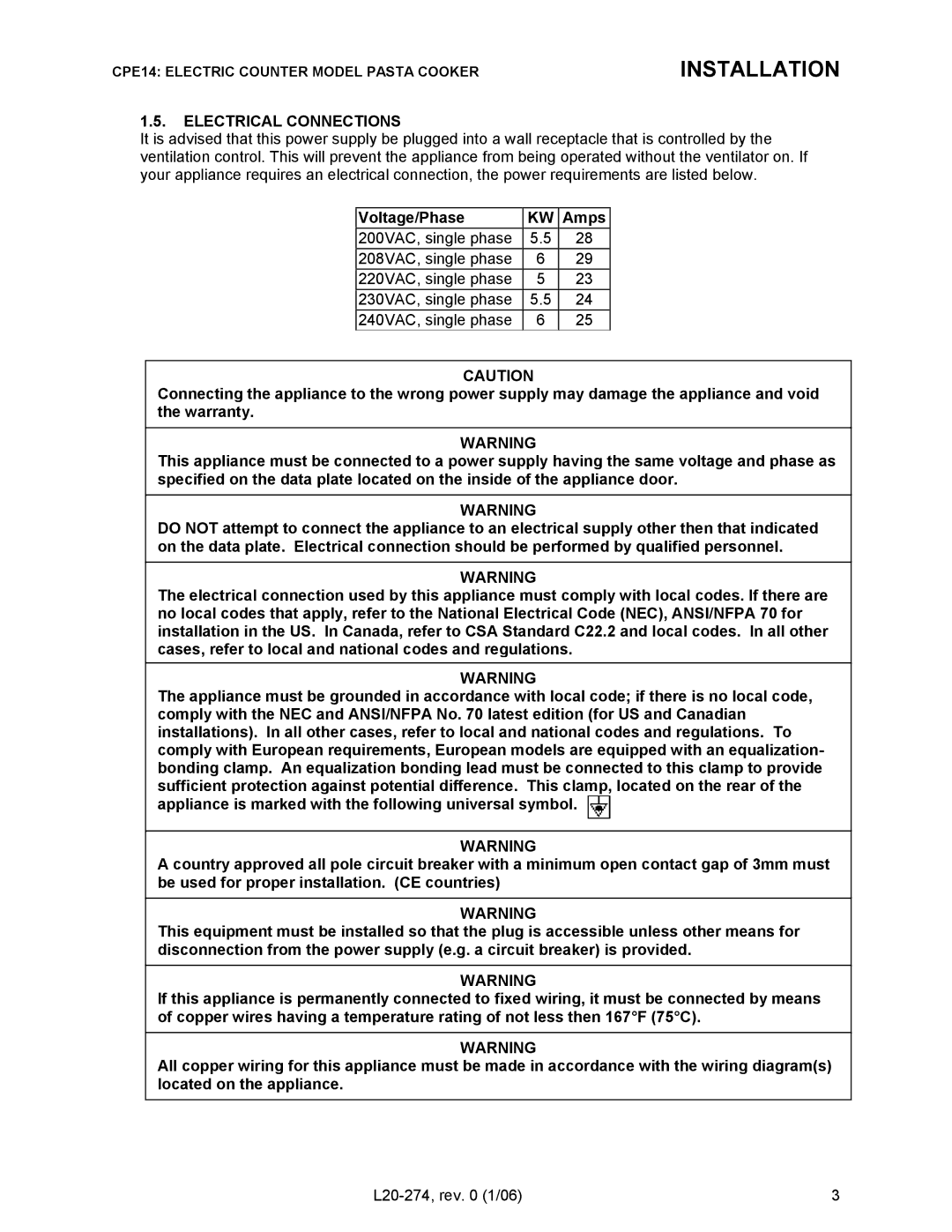 Pitco Frialator RSCPE14 operation manual Installation, Electrical Connections, Voltage/Phase Amps 