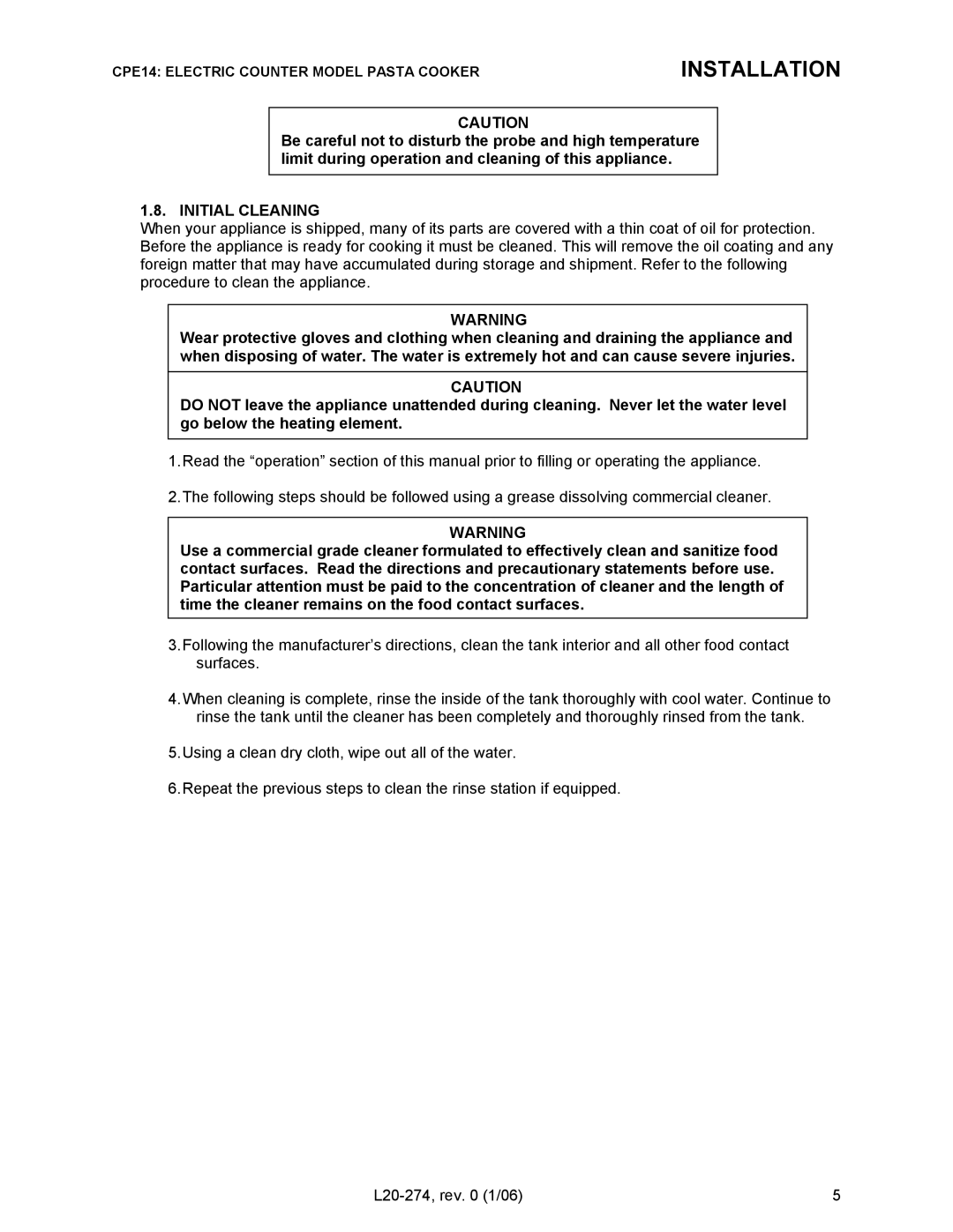 Pitco Frialator RSCPE14 operation manual Initial Cleaning 