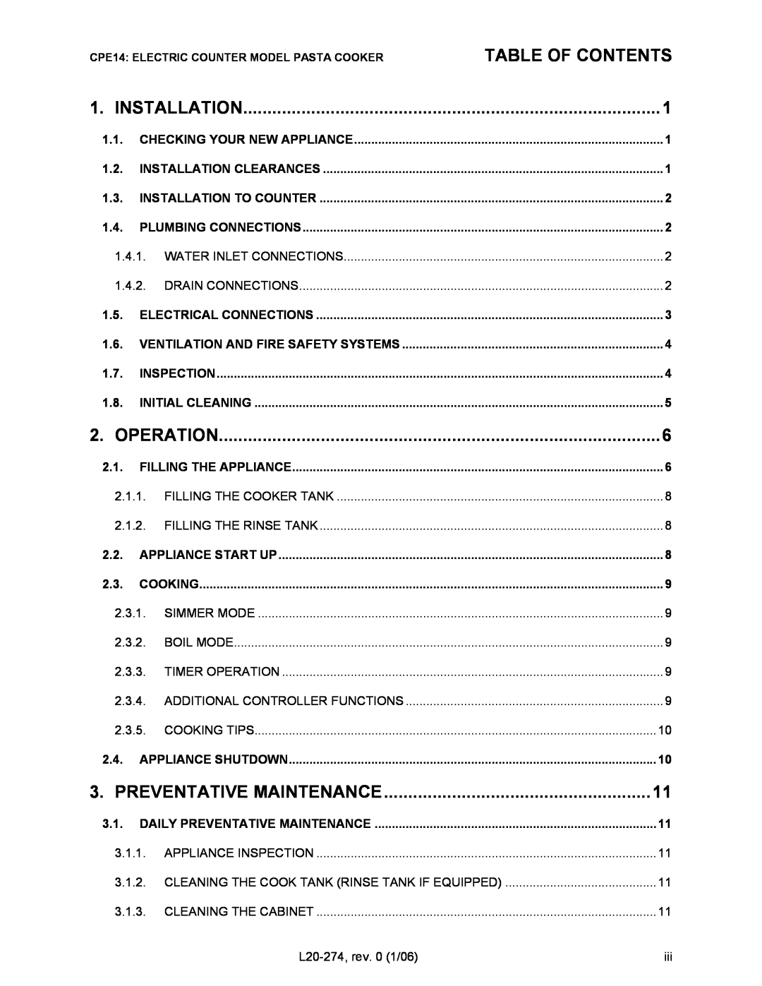 Pitco Frialator RSCPE14 operation manual Table Of Contents, Preventative Maintenance 