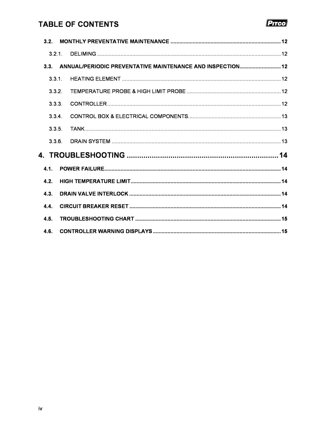 Pitco Frialator RSCPE14 operation manual Table Of Contents, Troubleshooting 