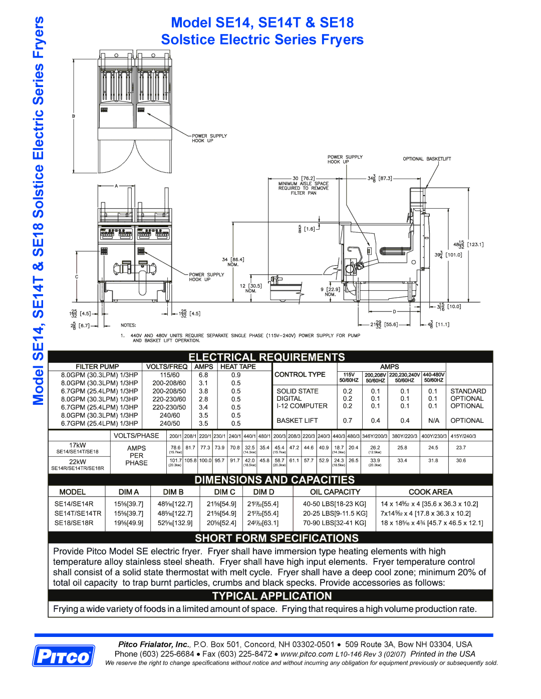 Pitco Frialator specifications Model SE14, SE14T & SE18 Solstice Electric Series Fryers 