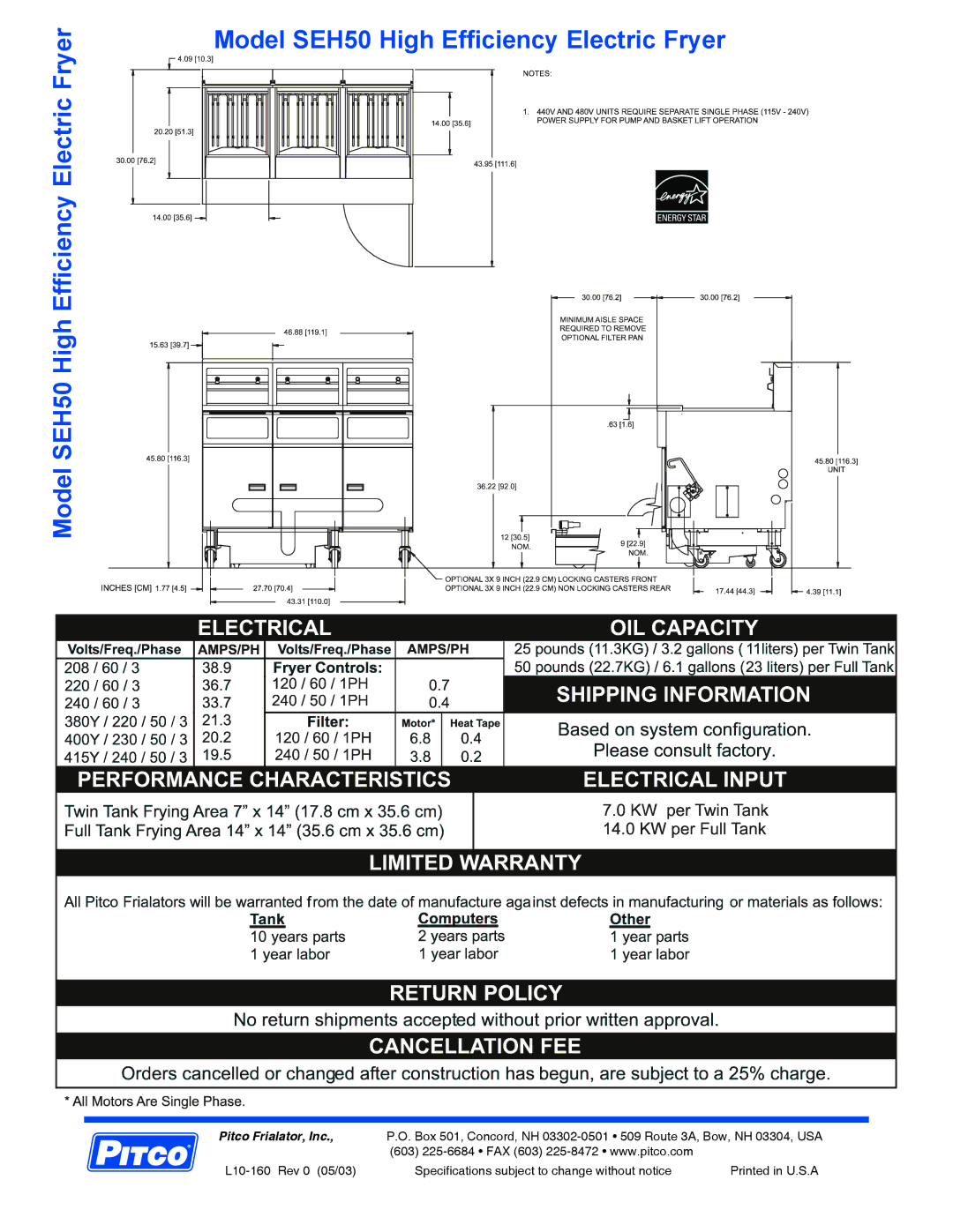 Pitco Frialator SEH50 specifications Pitco Frialator, Inc 