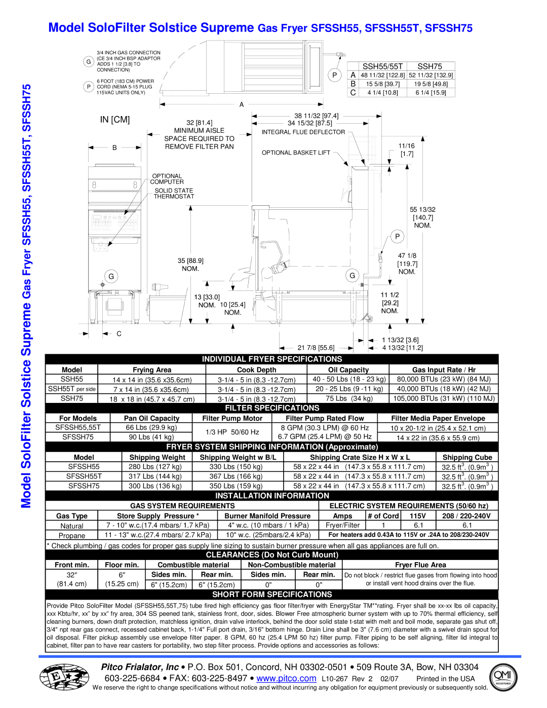 Pitco Frialator SFSSH75, SFSSH55T manual Individual Fryer Specifications, Filter Specifications, Installation Information 