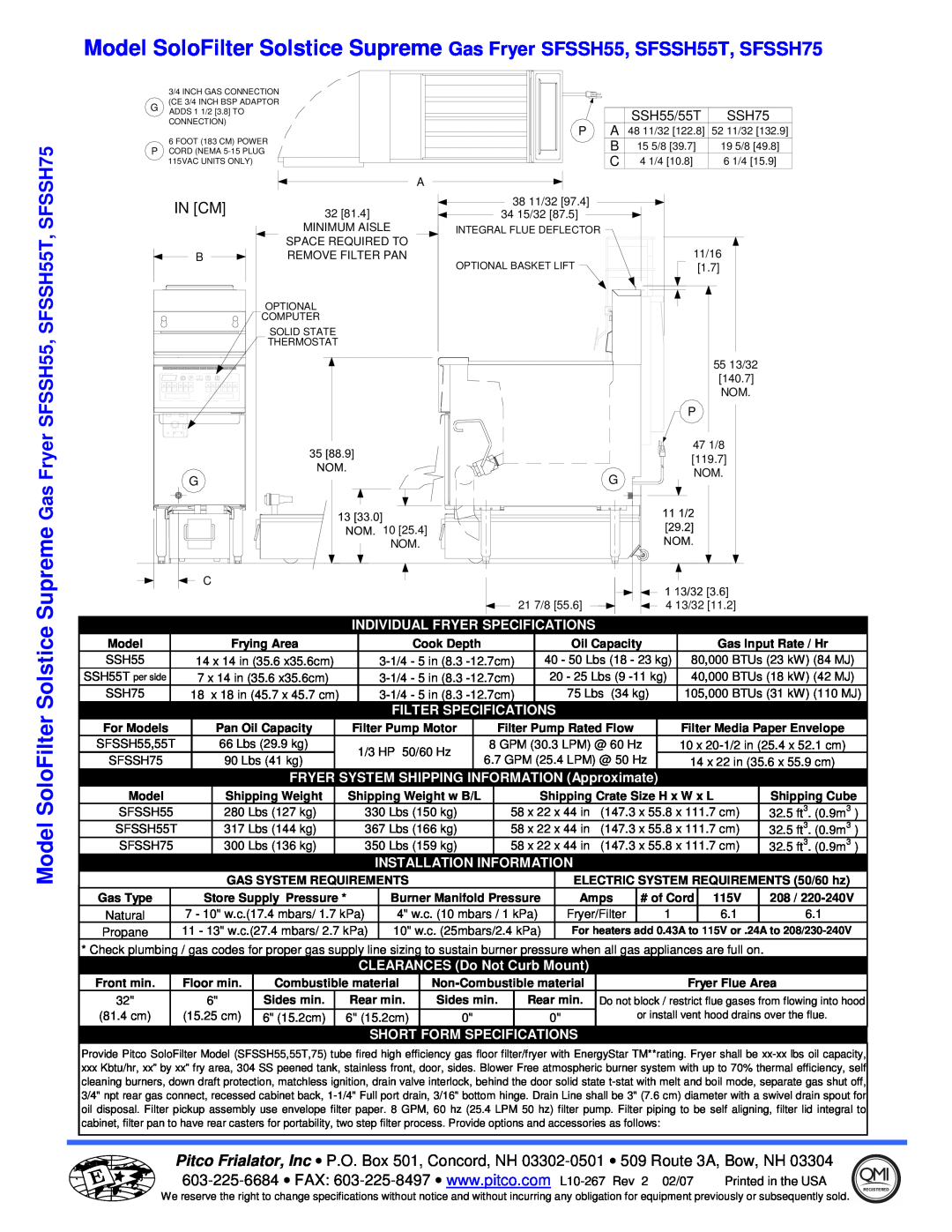 Pitco Frialator SFSSH75, SFSSH55T manual In Cm 
