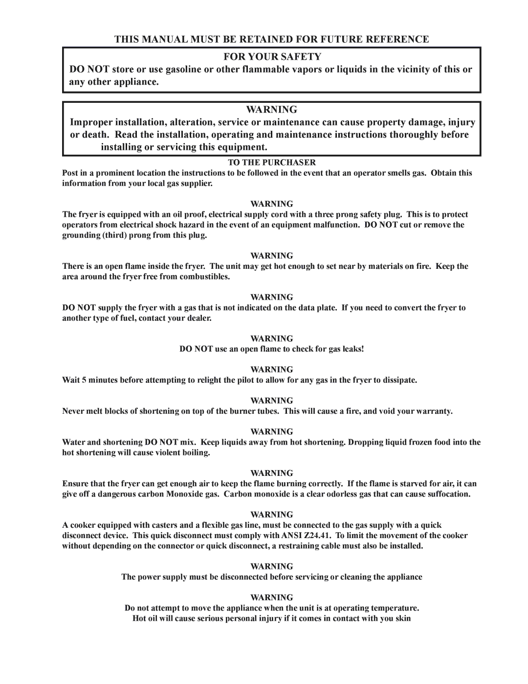 Pitco Frialator SG operation manual To the Purchaser 