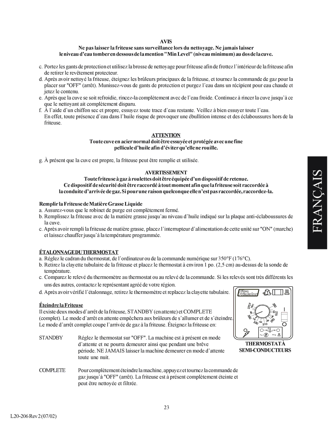 Pitco Frialator SG operation manual Avis, Étalonnageduthermostat, Éteindre la Friteuse, Thermostatà SEMI-CONDUCTEURS 