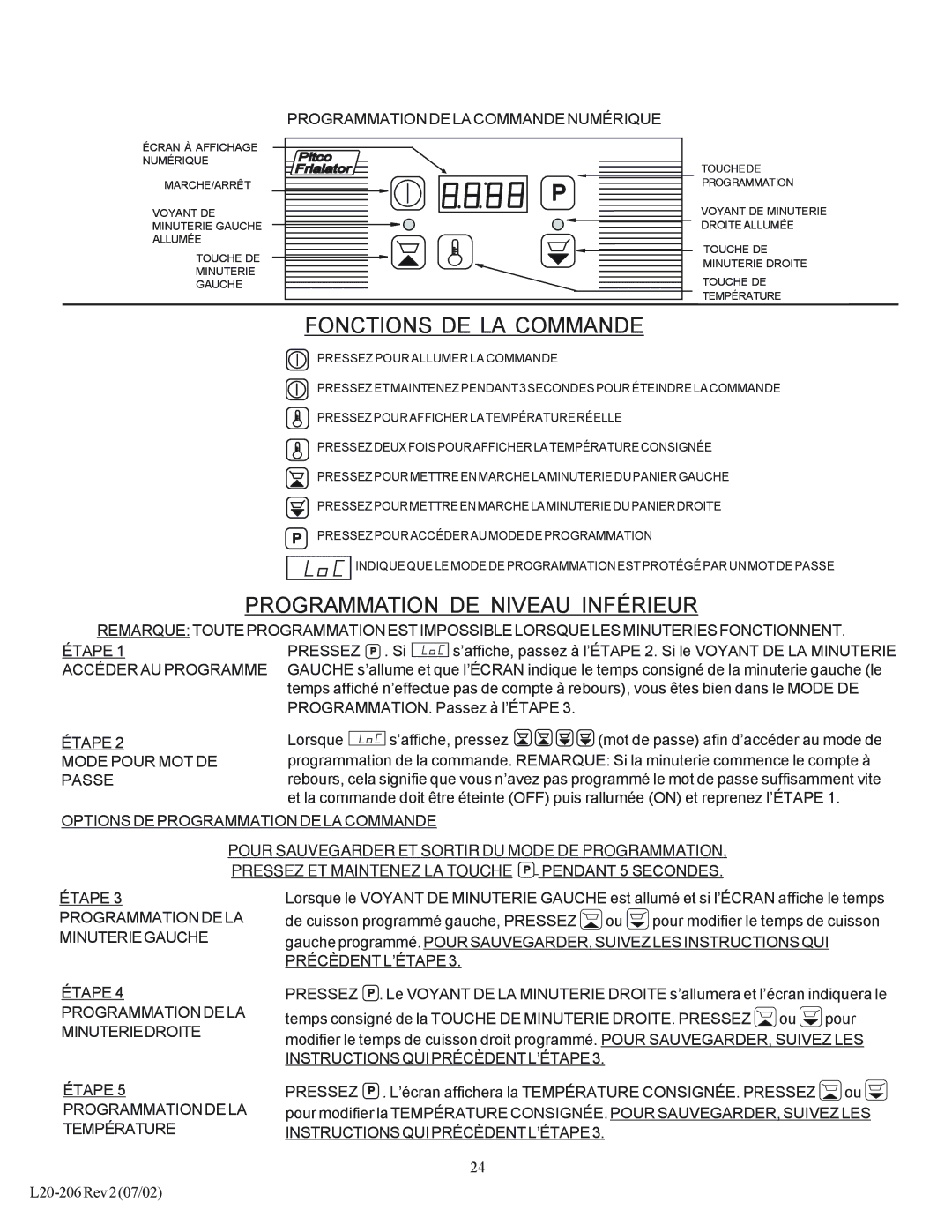 Pitco Frialator SG operation manual Fonctions DE LA Commande 