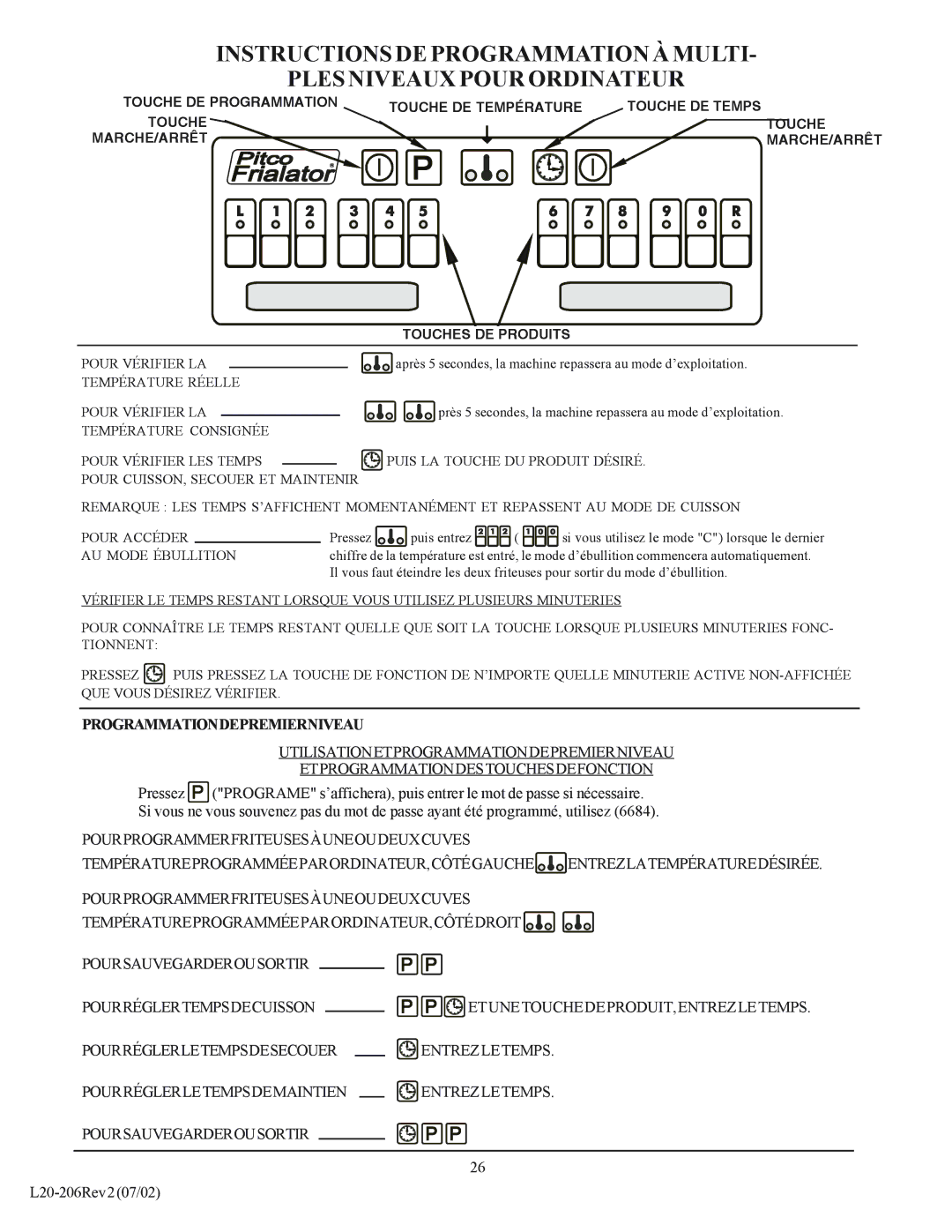 Pitco Frialator SG operation manual Programmationdepremierniveau, AU Mode Ébullition 