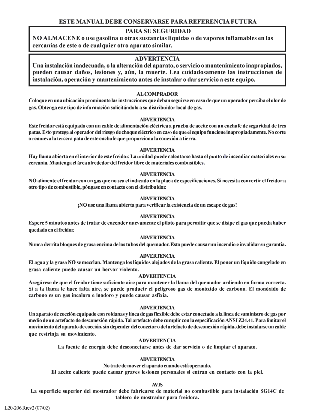 Pitco Frialator SG operation manual Alcomprador, Advertencia, Que restrinja su movimiento 