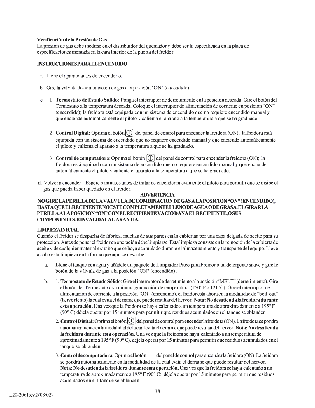 Pitco Frialator SG operation manual Verificación de la Presión de Gas, Instruccionesparaelencendido 