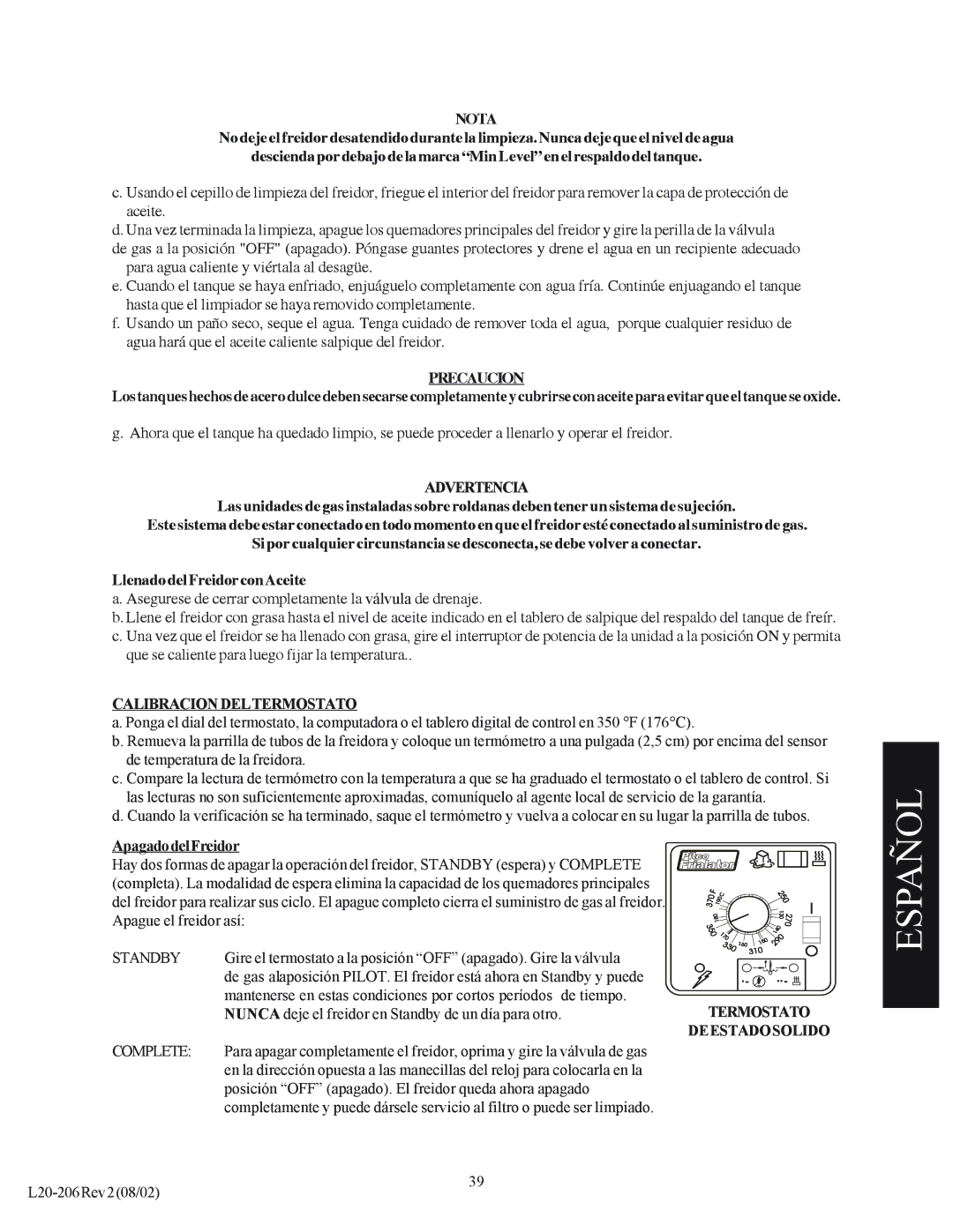 Pitco Frialator SG operation manual Calibraciondeltermostato, Termostato, Deestadosolido 