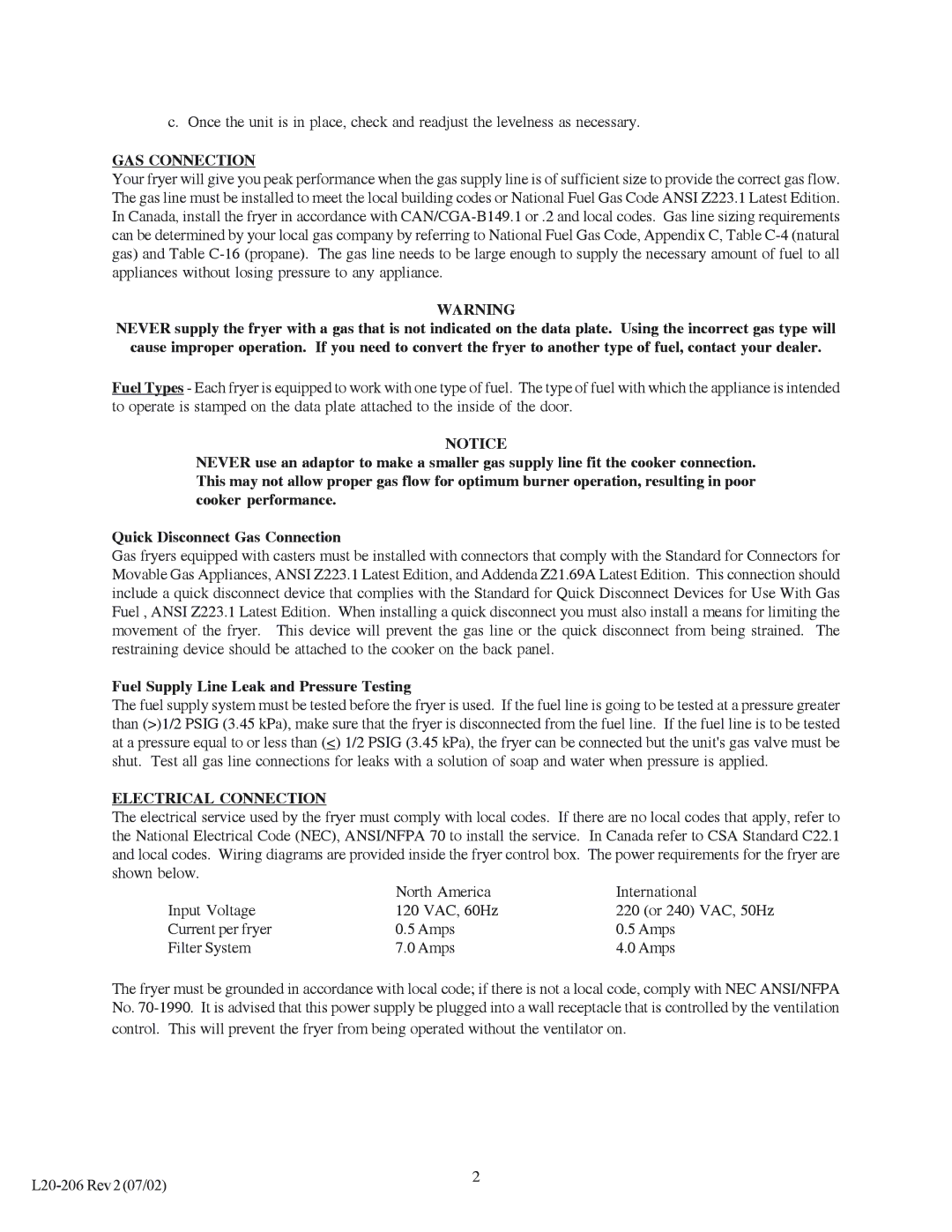 Pitco Frialator SG operation manual GAS Connection, Fuel Supply Line Leak and Pressure Testing, Electrical Connection 