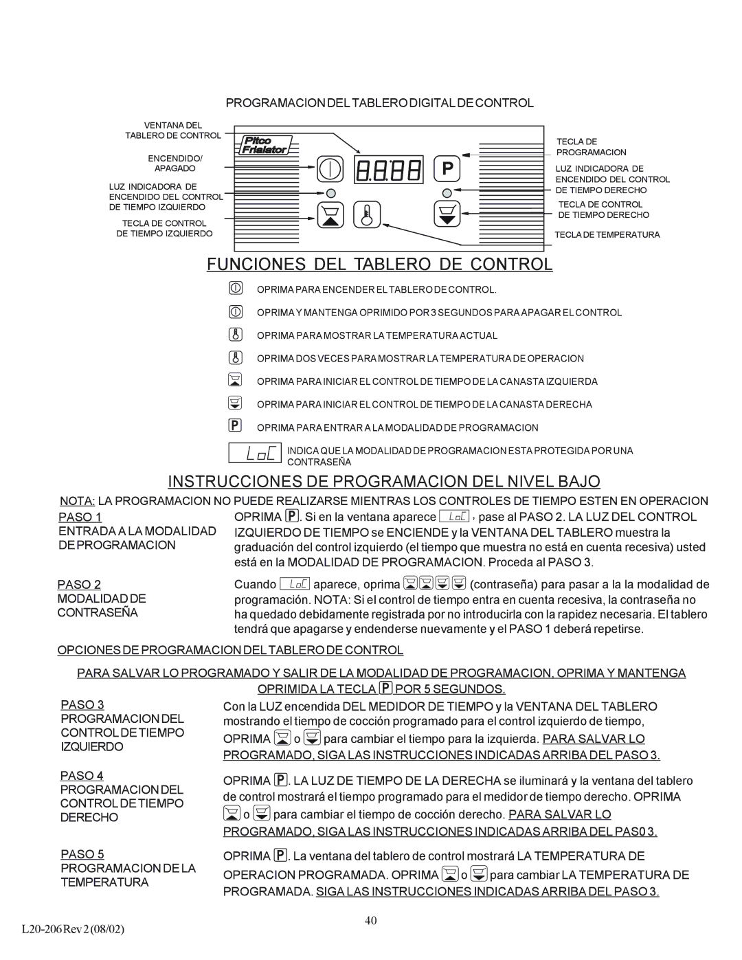 Pitco Frialator SG operation manual Funciones DEL Tablero DE Control 