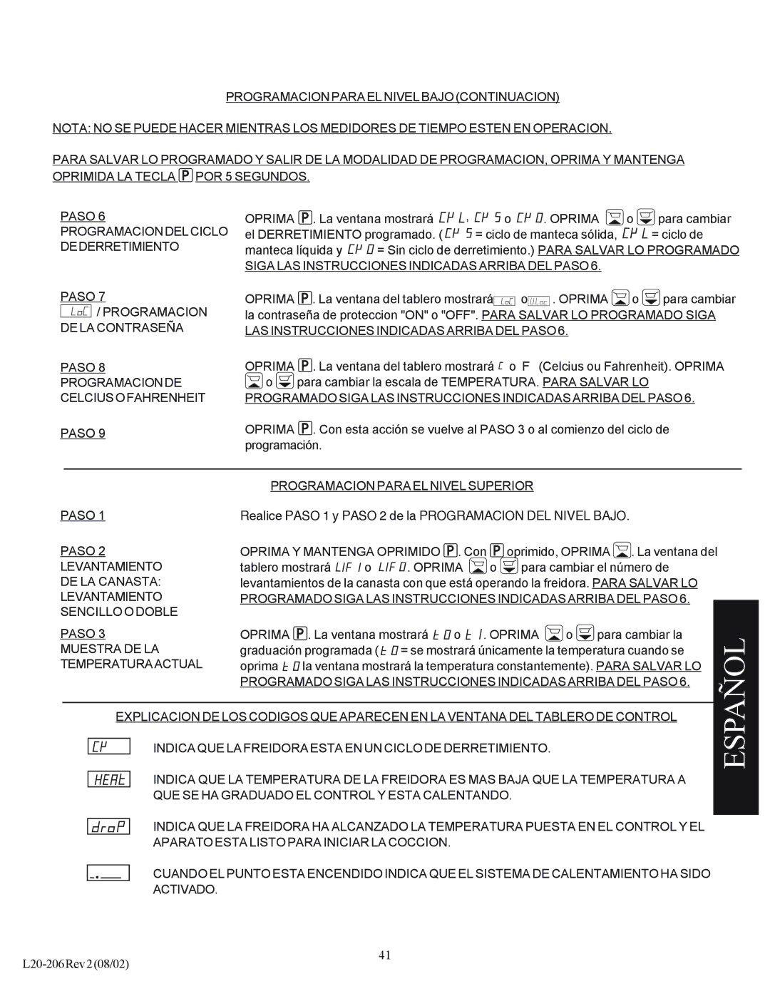 Pitco Frialator SG operation manual Oprima 