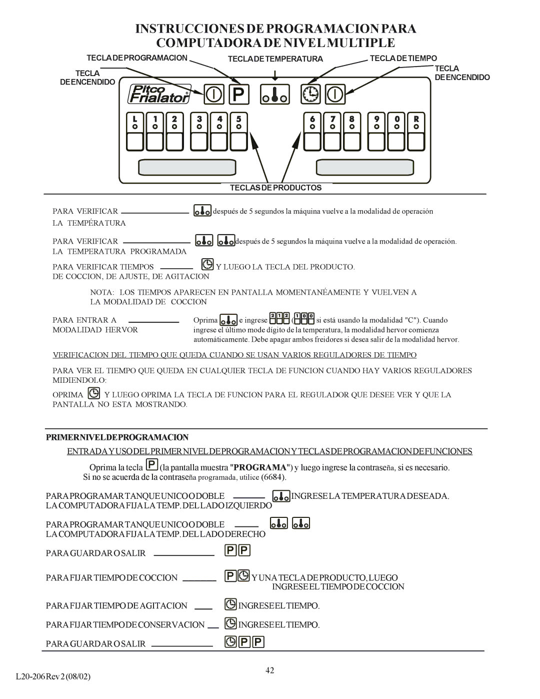 Pitco Frialator SG operation manual Primerniveldeprogramacion, Modalidad Hervor 