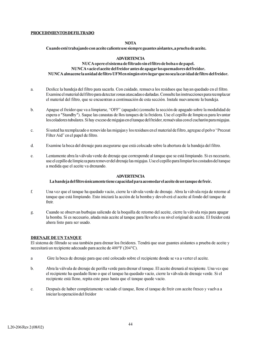 Pitco Frialator SG operation manual Procedimientosdefiltrado Nota, Drenaje DE UN Tanque 