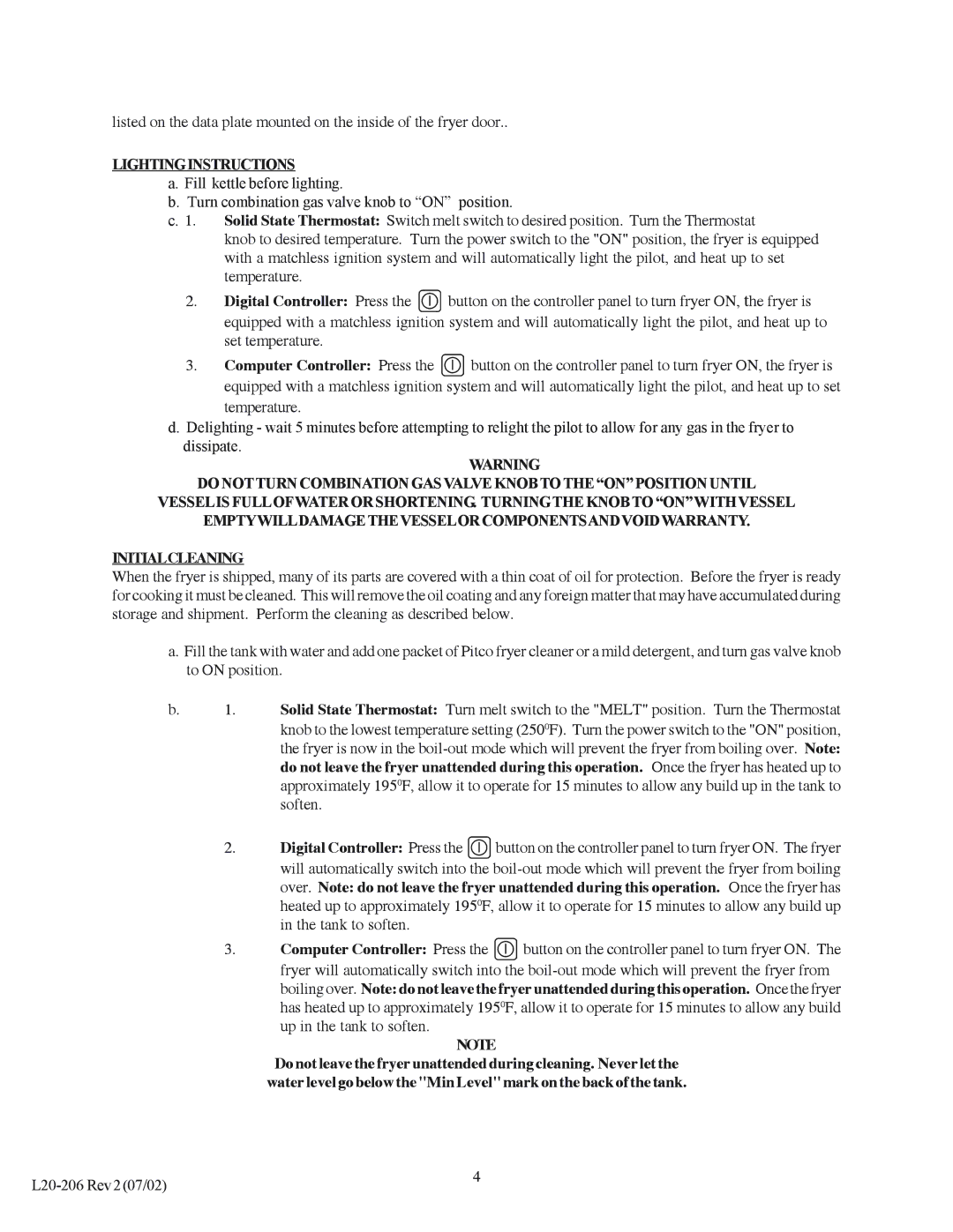 Pitco Frialator SG operation manual Lightinginstructions 