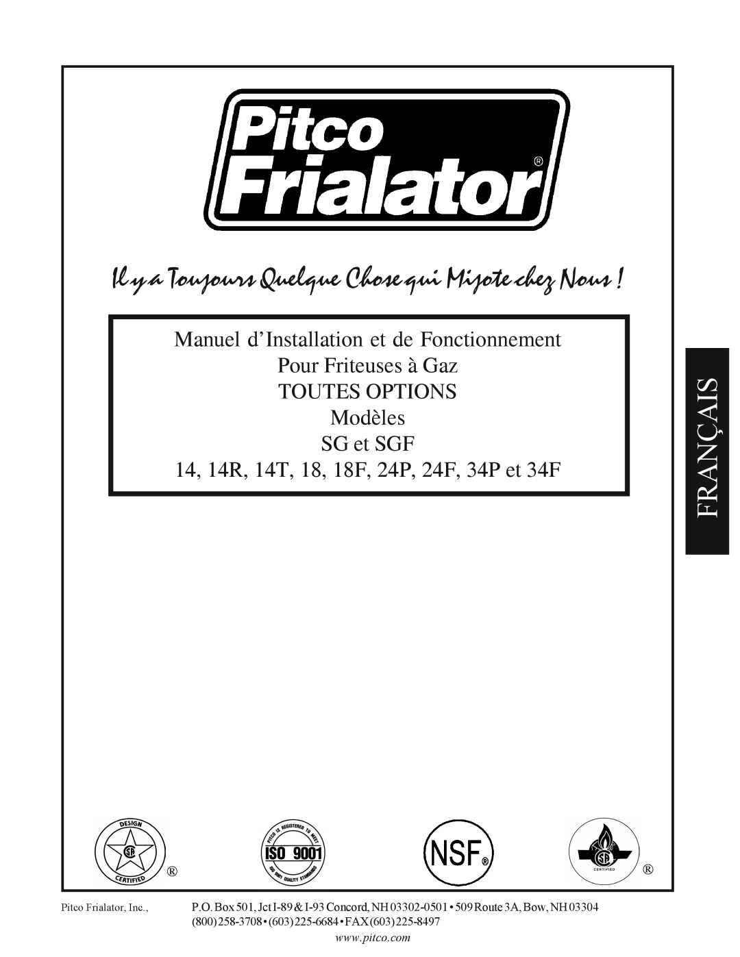 Pitco Frialator SG operation manual Français, Manuel d’Installation et de Fonctionnement Pour Friteuses à Gaz 