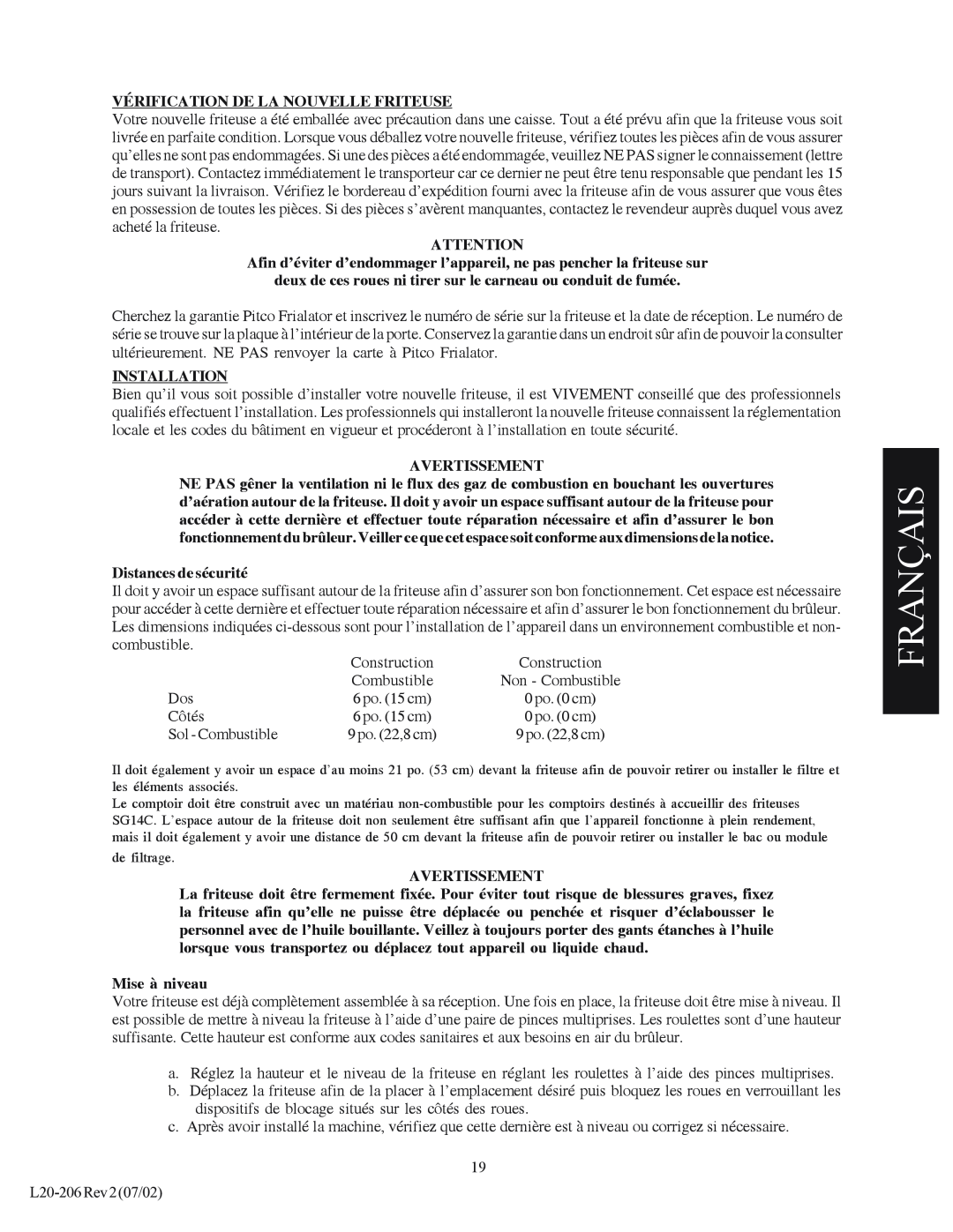 Pitco Frialator SG Français, Vérification De La Nouvelle Friteuse, Installation, Avertissement, Distances de sécurité 