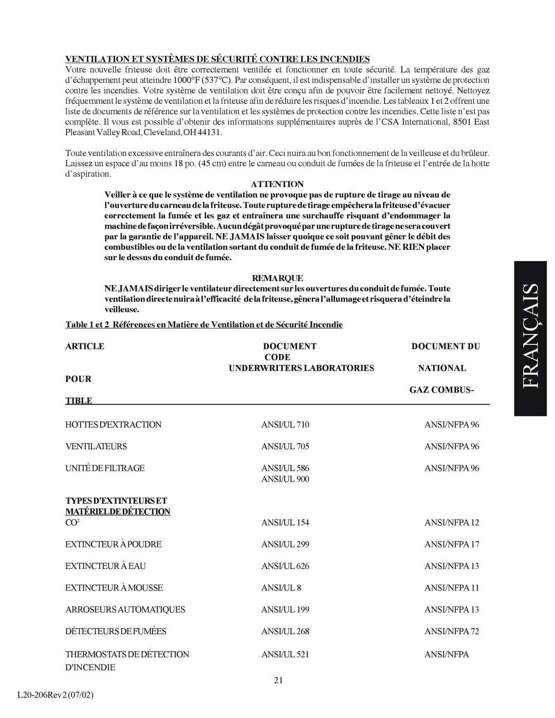 Pitco Frialator SG Français, Ventilation Et Systèmes De Sécurité Contre Les Incendies, Remarque, Article, Document, Code 